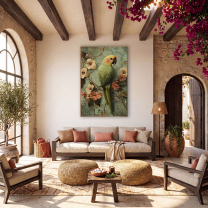 Sage Parrot Blossom Boho Bird wall art in a warm boho-style room – green parrot with yellow head perched among cream