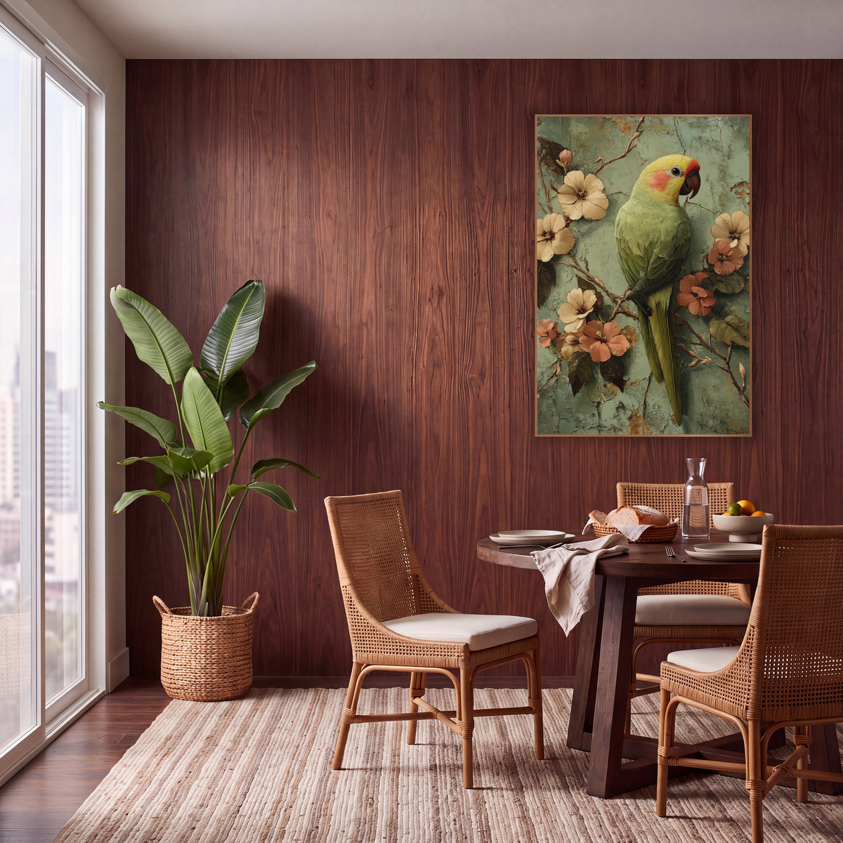 Sage Parrot Blossom Boho Bird wall art in a warm boho-style room – green parrot with yellow head perched among cream