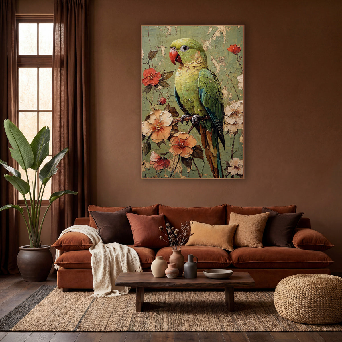 Coral Beak Parrot Floral Boho wall art in a warm boho-style room – green parrot with red beak on a branch among peach