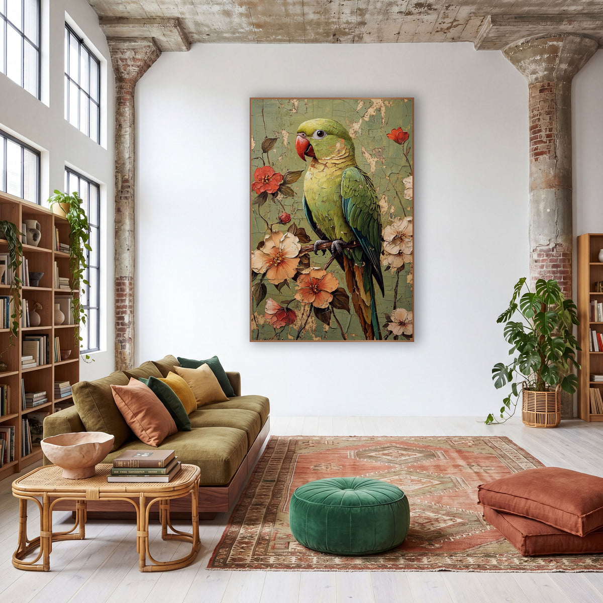 Coral Beak Parrot Floral Boho wall art in a warm boho-style room – green parrot with red beak on a branch among peach