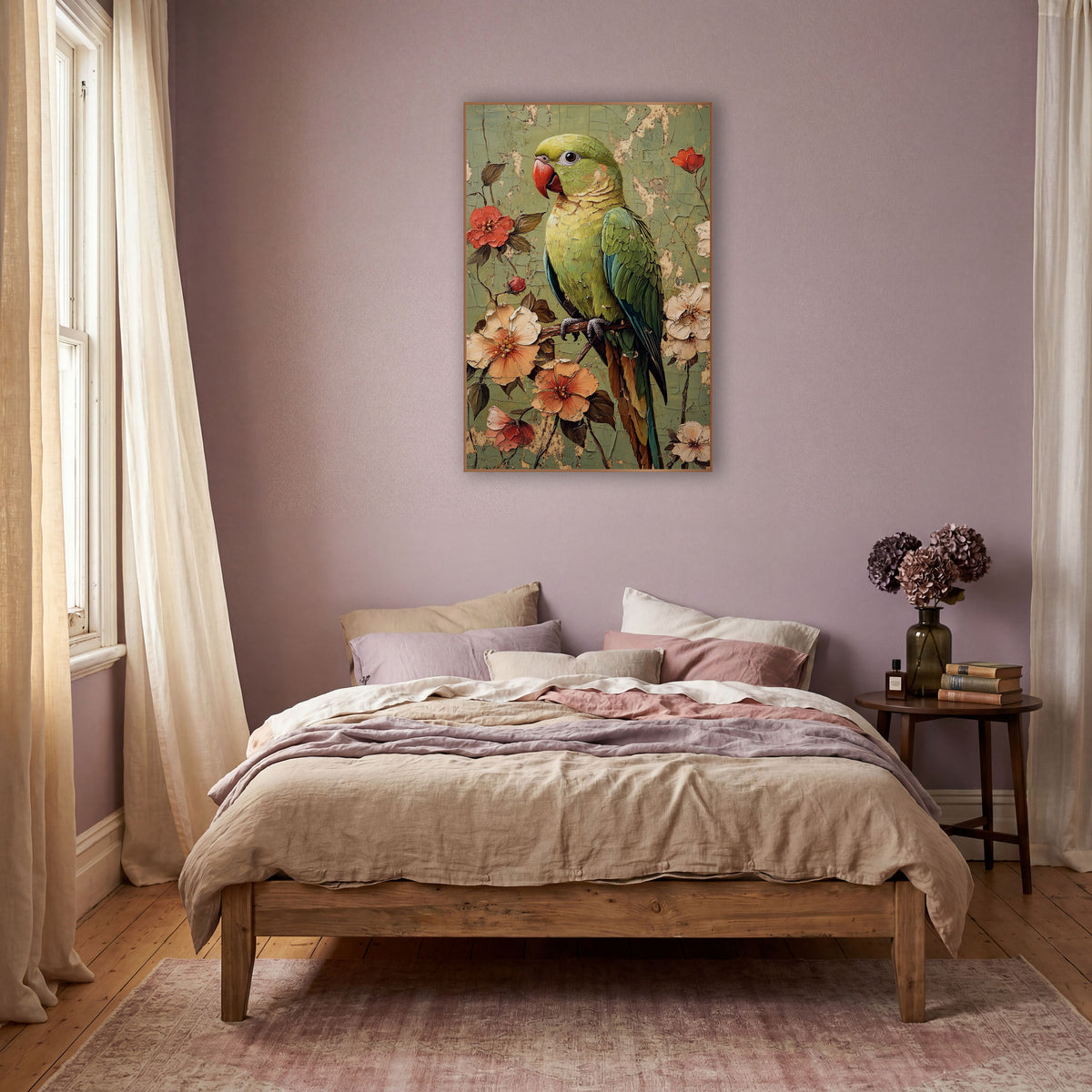 Coral Beak Parrot Floral Boho wall art in a warm boho-style room – green parrot with red beak on a branch among peach