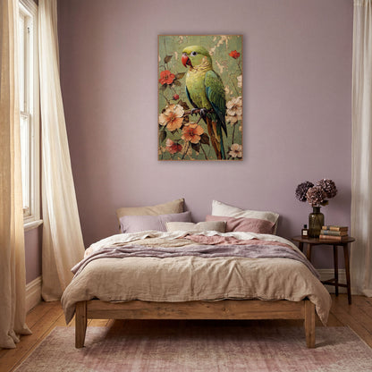 Coral Beak Parrot Floral Boho wall art in a warm boho-style room – green parrot with red beak on a branch among peach