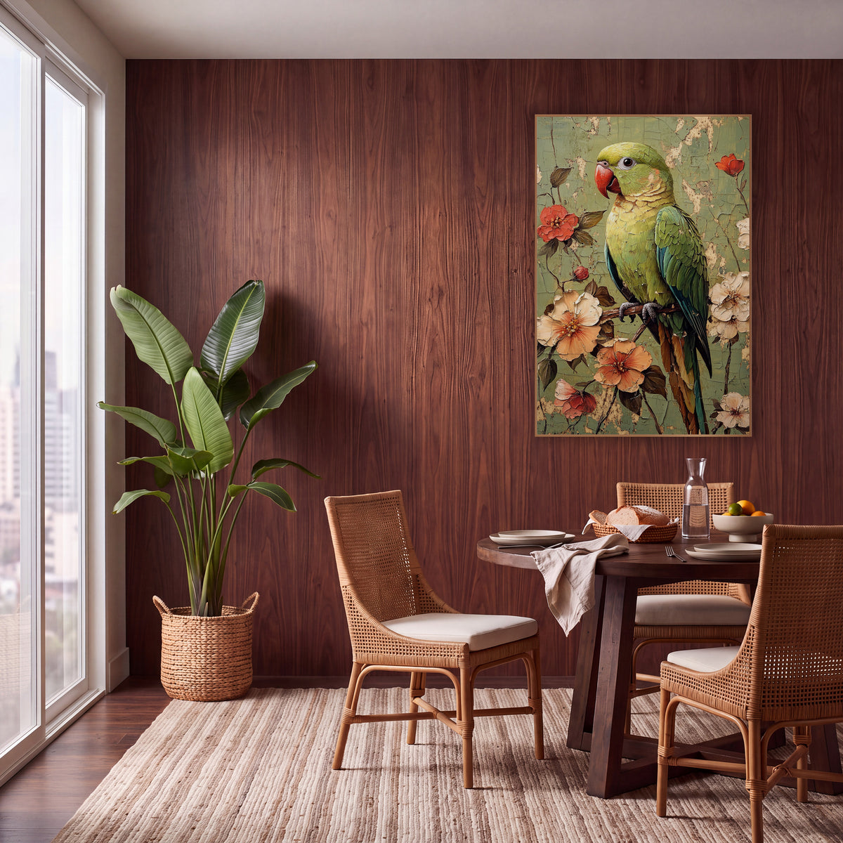 Coral Beak Parrot Floral Boho wall art in a warm boho-style room – green parrot with red beak on a branch among peach