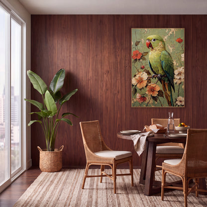 Coral Beak Parrot Floral Boho wall art in a warm boho-style room – green parrot with red beak on a branch among peach