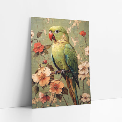Coral Beak Parrot Floral Boho art print leaning against a white wall – green parrot with red beak on a branch among peach