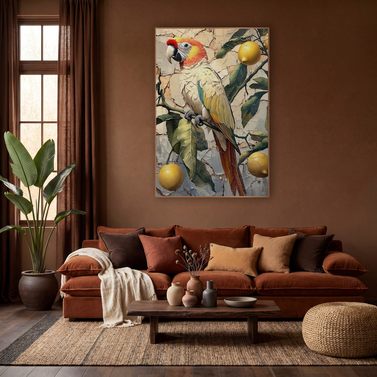 Lemon Branch Parrot Boho Decor wall art in a warm boho-style room – parrot with coral head and yellow wings on a lemon
