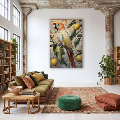 Lemon Branch Parrot Boho Decor wall art in a warm boho-style room – parrot with coral head and yellow wings on a lemon