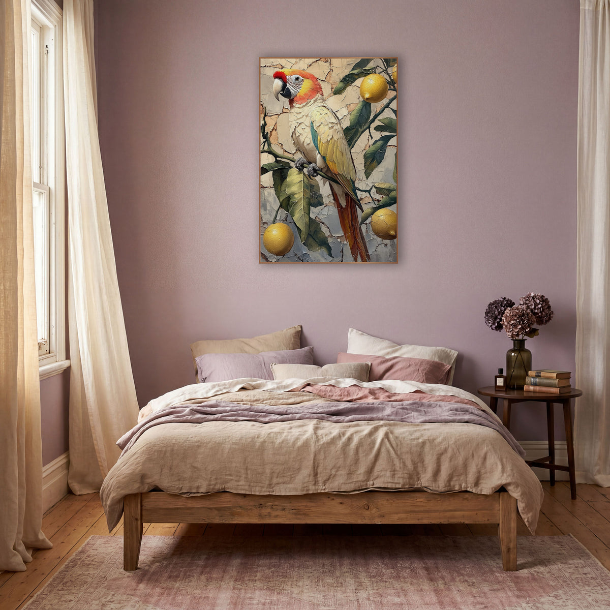 Lemon Branch Parrot Boho Decor wall art in a warm boho-style room – parrot with coral head and yellow wings on a lemon
