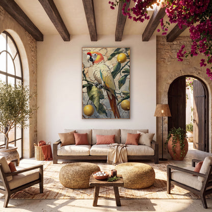 Lemon Branch Parrot Boho Decor wall art in a warm boho-style room – parrot with coral head and yellow wings on a lemon