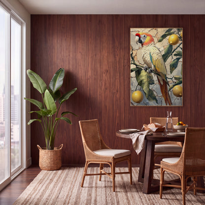 Lemon Branch Parrot Boho Decor wall art in a warm boho-style room – parrot with coral head and yellow wings on a lemon