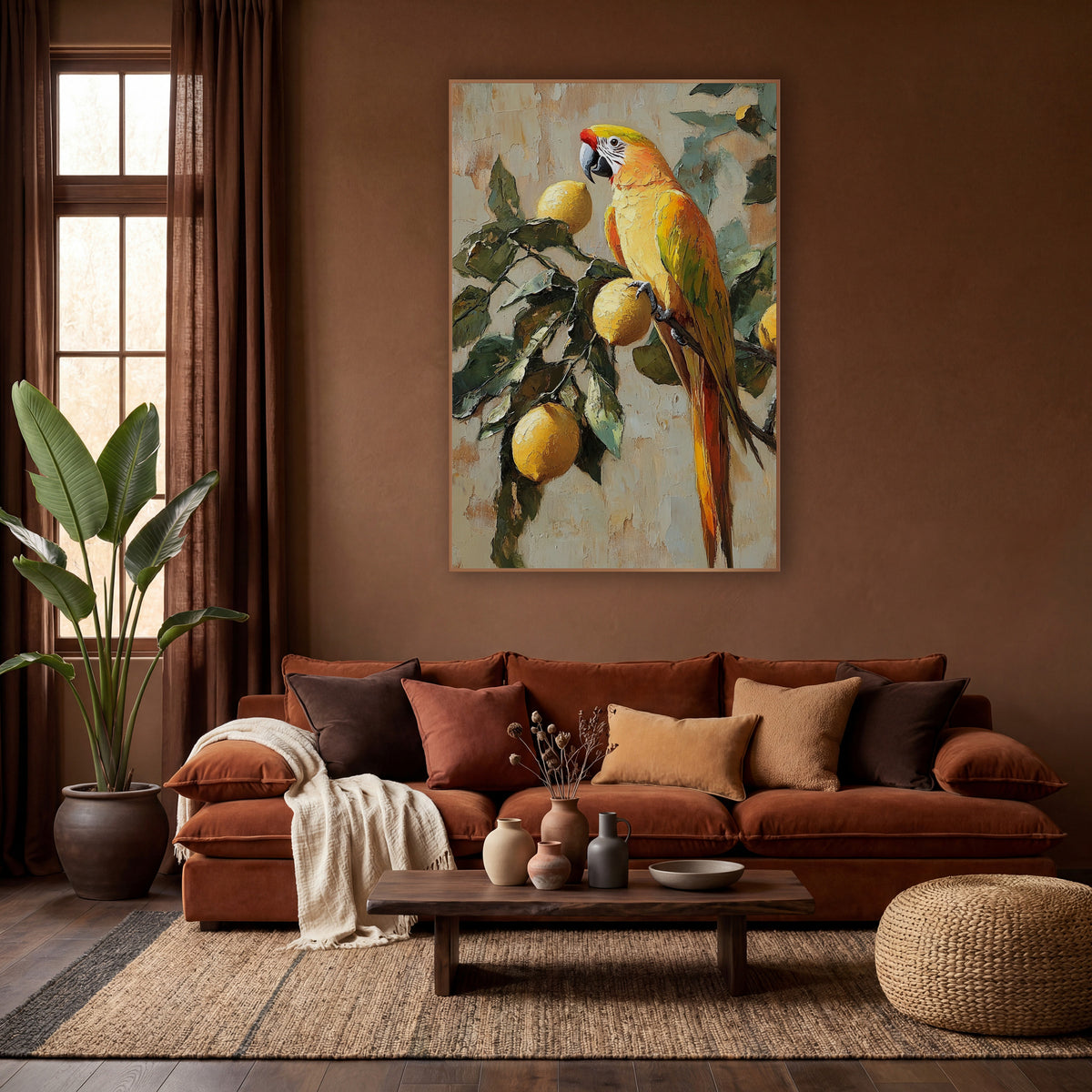 Golden Parrot Lemon Branch Boho wall art in a warm boho-style room – golden-yellow parrot with red forehead perched
