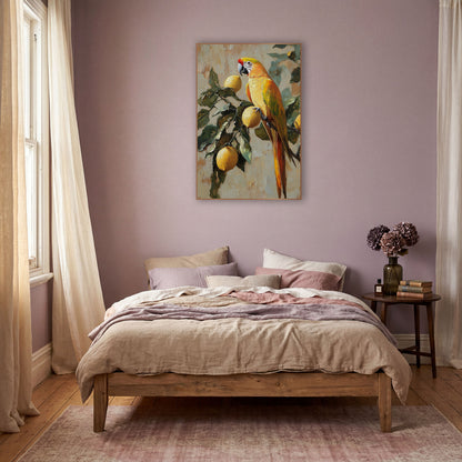 Golden Parrot Lemon Branch Boho wall art in a warm boho-style room – golden-yellow parrot with red forehead perched