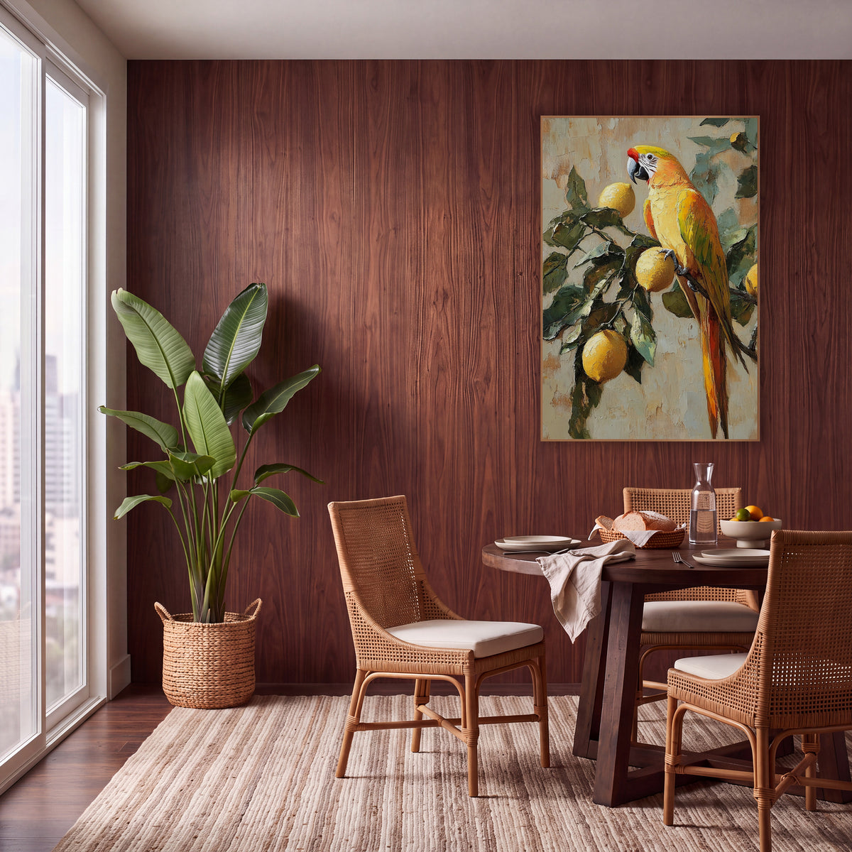 Golden Parrot Lemon Branch Boho wall art in a warm boho-style room – golden-yellow parrot with red forehead perched