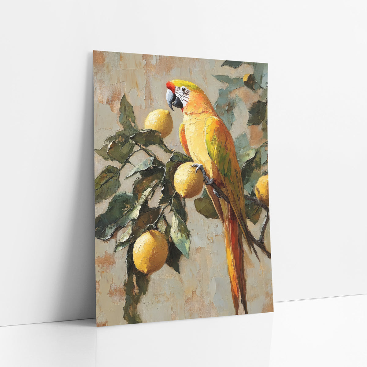 Golden Parrot Lemon Branch Boho art print leaning against a white wall – golden-yellow parrot with red forehead perched