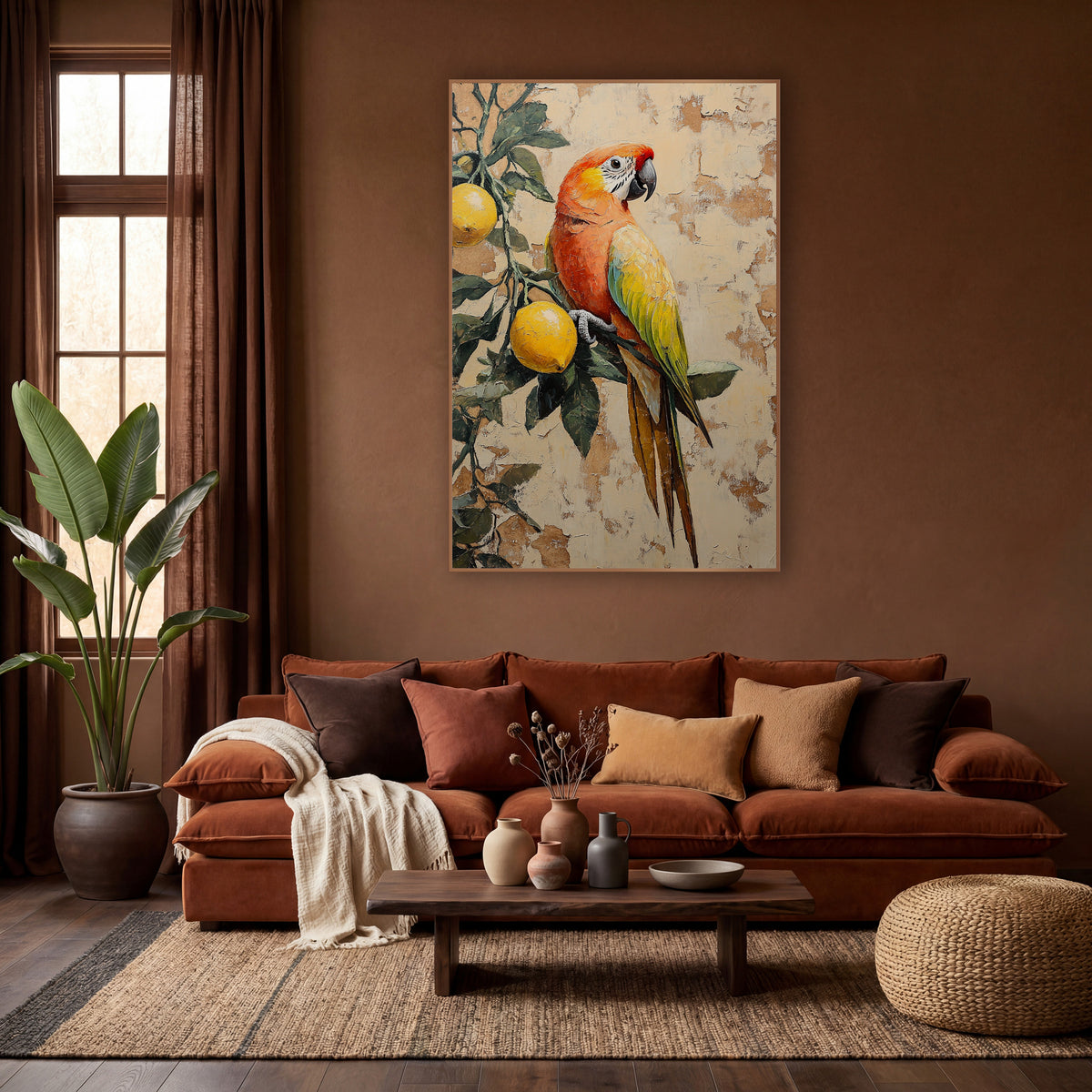 Coral Parrot Profile Lemon Branch Bohemian wall art in a warm boho-style room – orange and yellow parrot perched