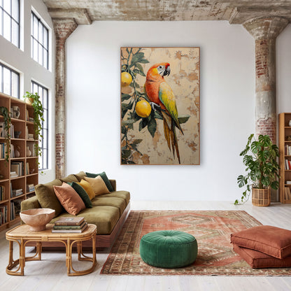 Coral Parrot Profile Lemon Branch Bohemian wall art in a warm boho-style room – orange and yellow parrot perched