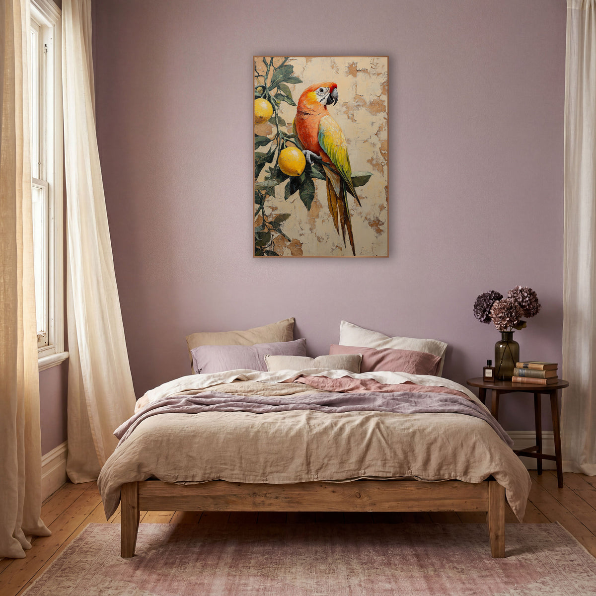 Coral Parrot Profile Lemon Branch Bohemian wall art in a warm boho-style room – orange and yellow parrot perched