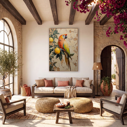Coral Parrot Profile Lemon Branch Bohemian wall art in a warm boho-style room – orange and yellow parrot perched