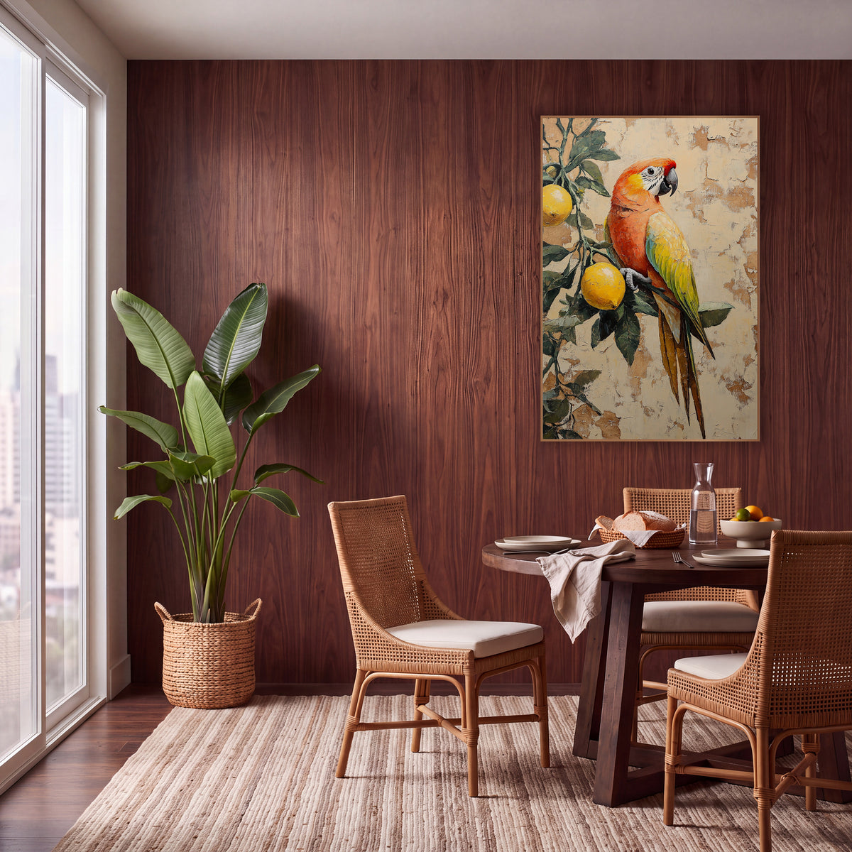 Coral Parrot Profile Lemon Branch Bohemian wall art in a warm boho-style room – orange and yellow parrot perched