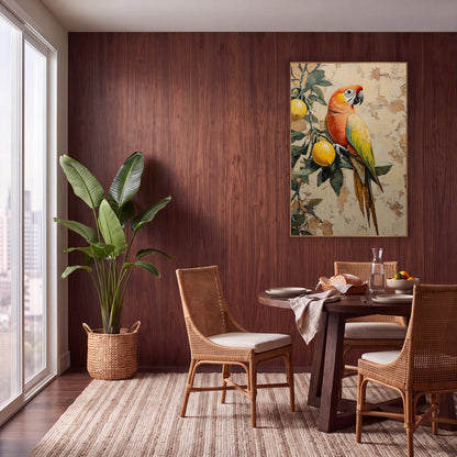 Coral Parrot Profile Lemon Branch Bohemian wall art in a warm boho-style room – orange and yellow parrot perched
