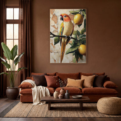 Parrot and Lemons Boho Decor wall art in a warm boho-style room – orange-headed parrot perched on a leafy branch