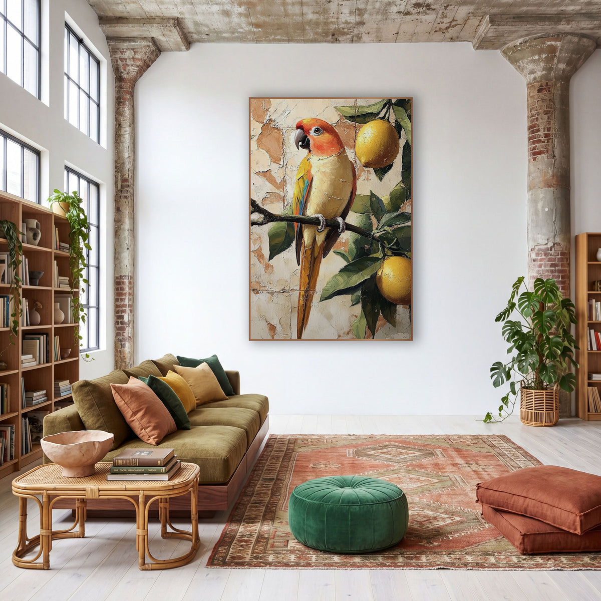 Parrot and Lemons Boho Decor wall art in a warm boho-style room – orange-headed parrot perched on a leafy branch