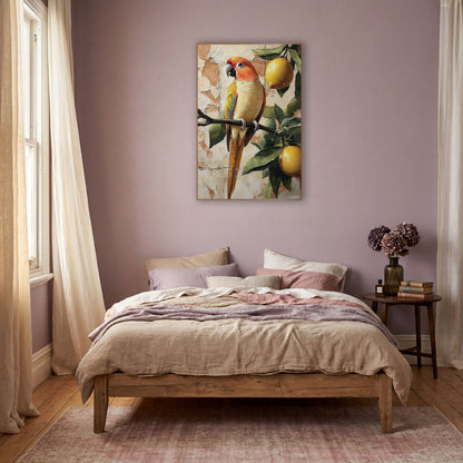 Parrot and Lemons Boho Decor wall art in a warm boho-style room – orange-headed parrot perched on a leafy branch