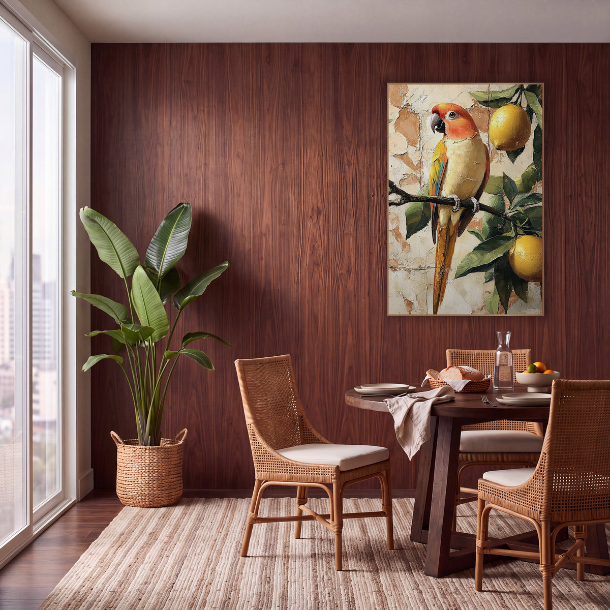 Parrot and Lemons Boho Decor wall art in a warm boho-style room – orange-headed parrot perched on a leafy branch