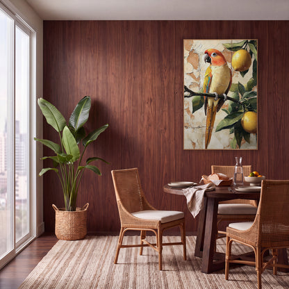 Parrot and Lemons Boho Decor wall art in a warm boho-style room – orange-headed parrot perched on a leafy branch