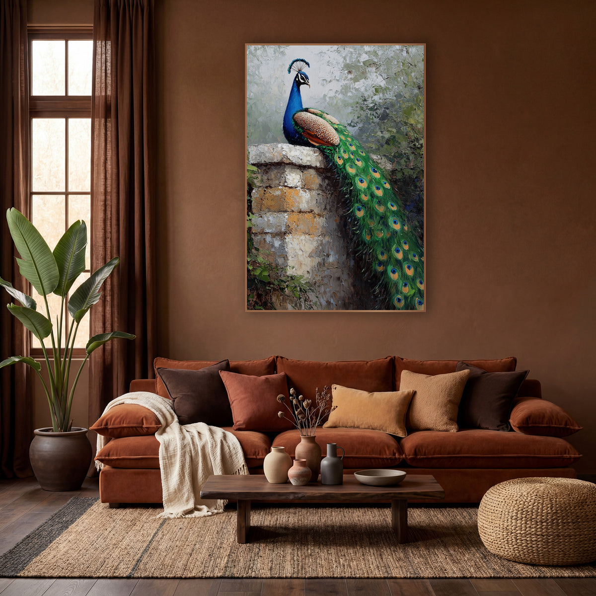 Boho Peacock on Stone Wall wall art in a warm boho-style room – peacock with blue neck and long green tail sitting