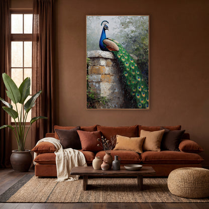Boho Peacock on Stone Wall wall art in a warm boho-style room – peacock with blue neck and long green tail sitting