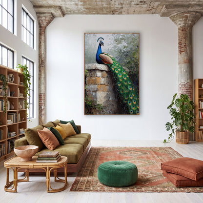 Boho Peacock on Stone Wall wall art in a warm boho-style room – peacock with blue neck and long green tail sitting