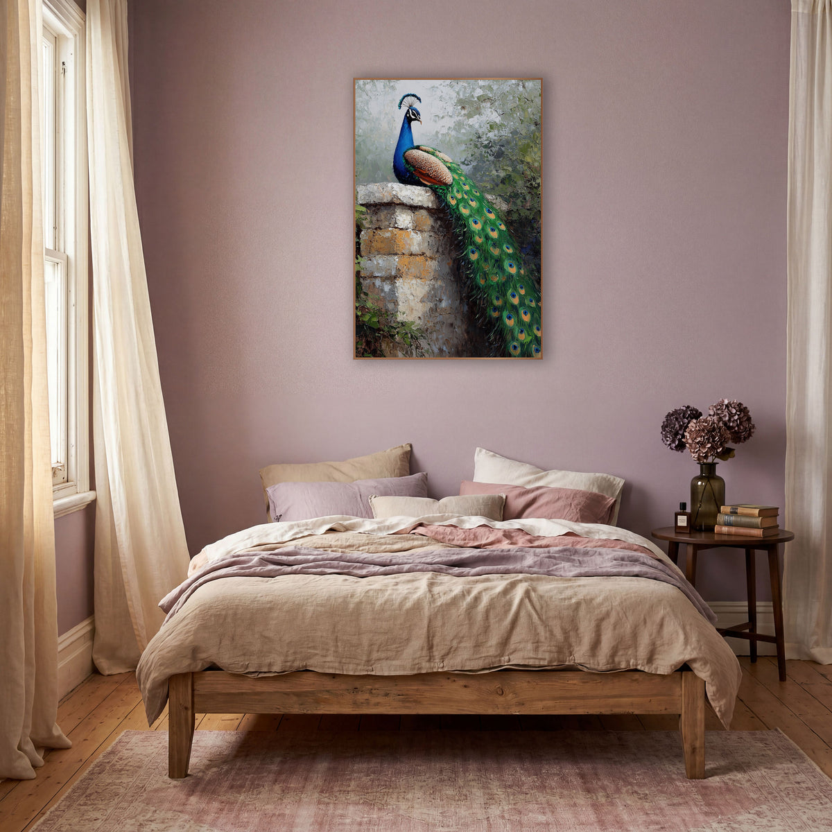 Boho Peacock on Stone Wall wall art in a warm boho-style room – peacock with blue neck and long green tail sitting