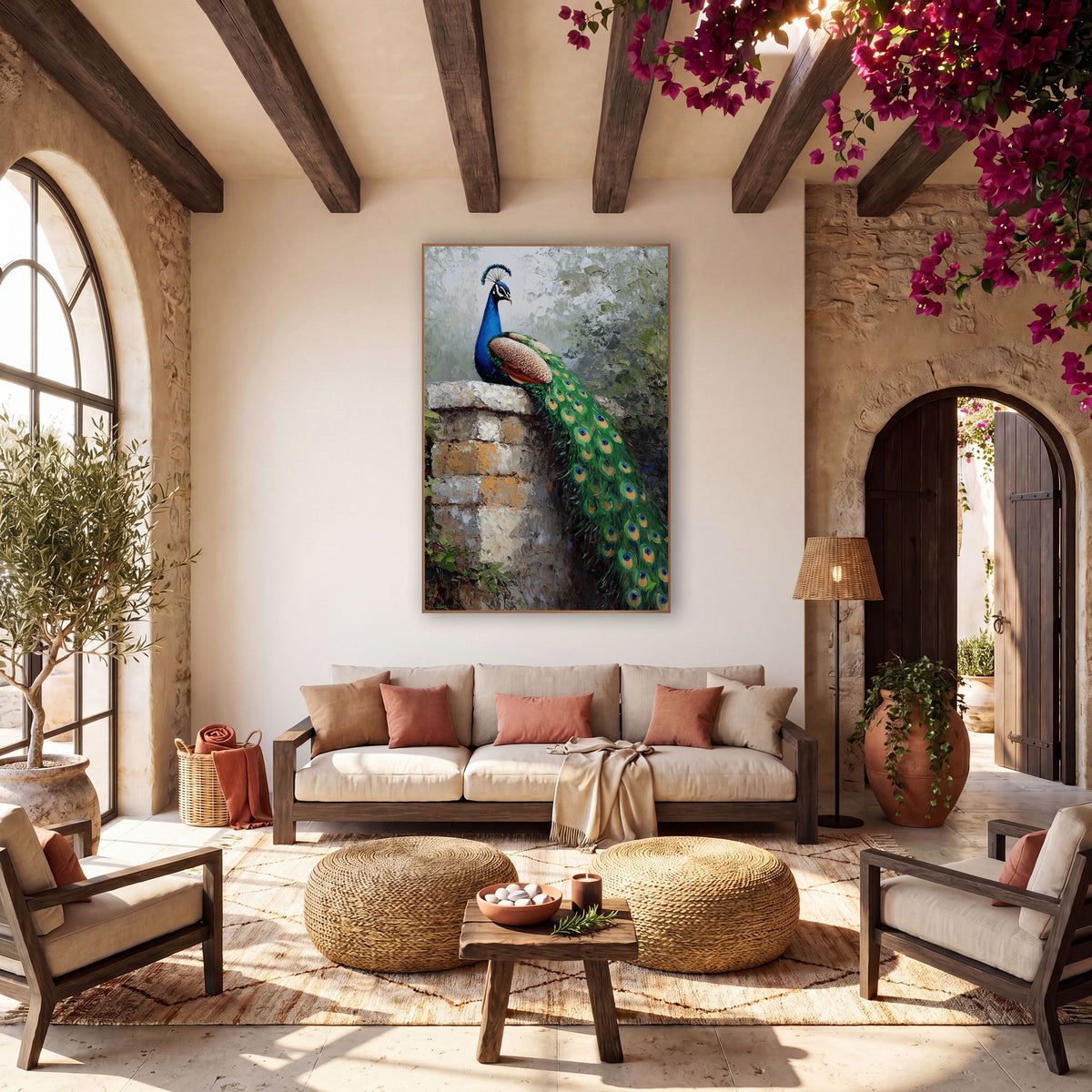 Boho Peacock on Stone Wall wall art in a warm boho-style room – peacock with blue neck and long green tail sitting