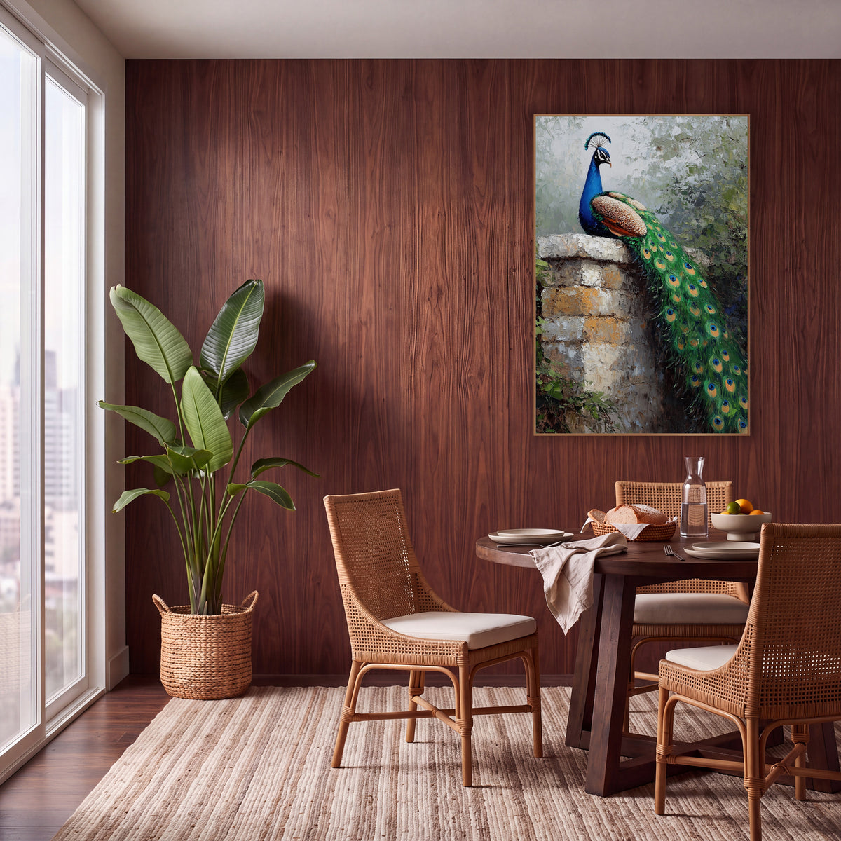 Boho Peacock on Stone Wall wall art in a warm boho-style room – peacock with blue neck and long green tail sitting