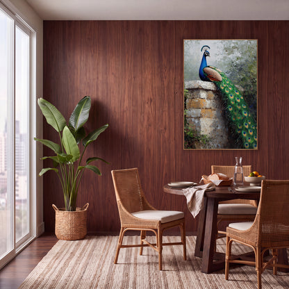 Boho Peacock on Stone Wall wall art in a warm boho-style room – peacock with blue neck and long green tail sitting