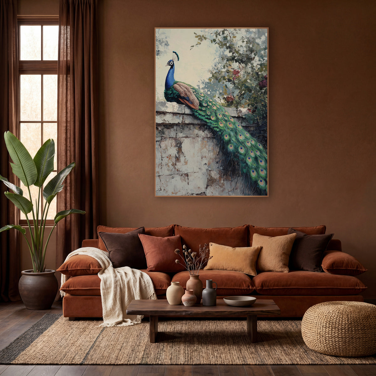 Peacock Garden Wall Bohemian Botanical wall art in a warm boho-style room – blue and green peacock perched