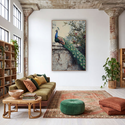 Peacock Garden Wall Bohemian Botanical wall art in a warm boho-style room – blue and green peacock perched