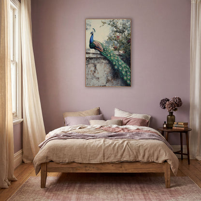 Peacock Garden Wall Bohemian Botanical wall art in a warm boho-style room – blue and green peacock perched
