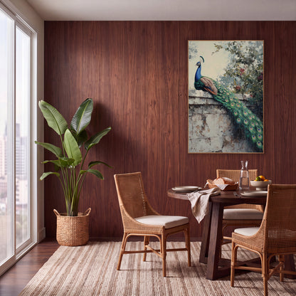 Peacock Garden Wall Bohemian Botanical wall art in a warm boho-style room – blue and green peacock perched