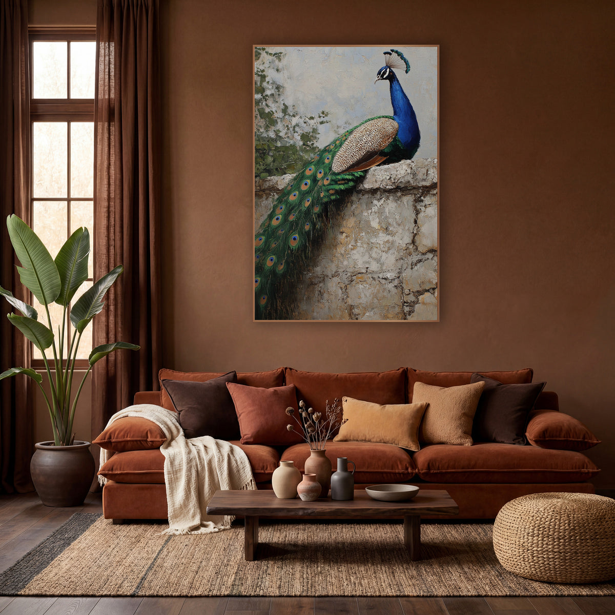 Blue Peacock Stone Wall Boho wall art in a warm boho-style room – blue peacock with long green tail resting