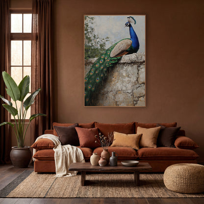 Blue Peacock Stone Wall Boho wall art in a warm boho-style room – blue peacock with long green tail resting