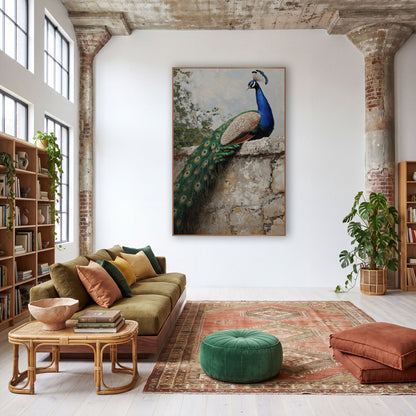 Blue Peacock Stone Wall Boho wall art in a warm boho-style room – blue peacock with long green tail resting