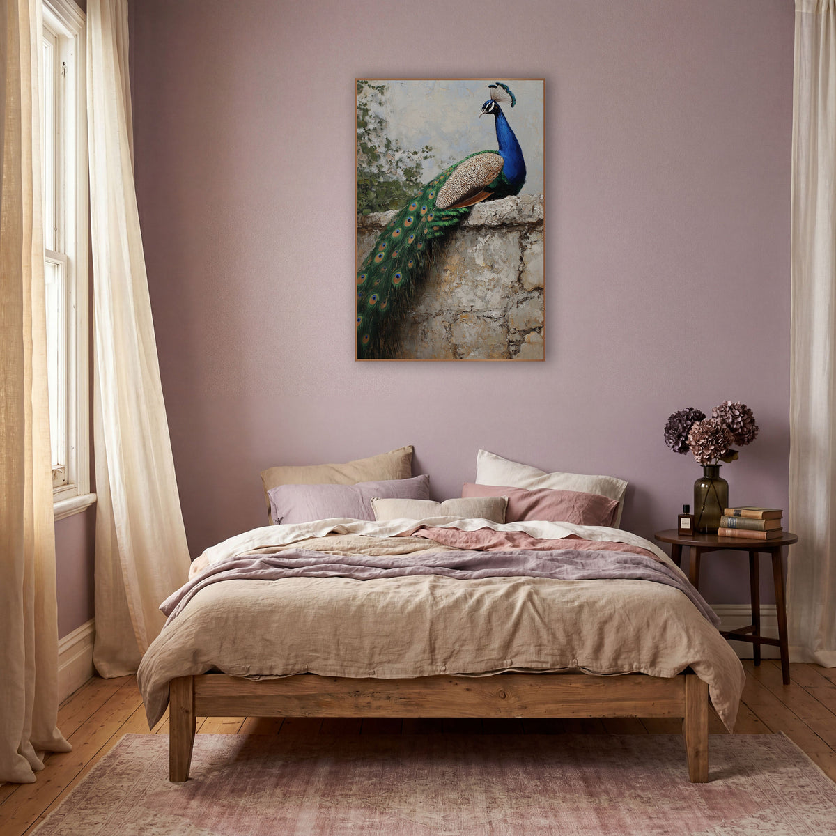 Blue Peacock Stone Wall Boho wall art in a warm boho-style room – blue peacock with long green tail resting