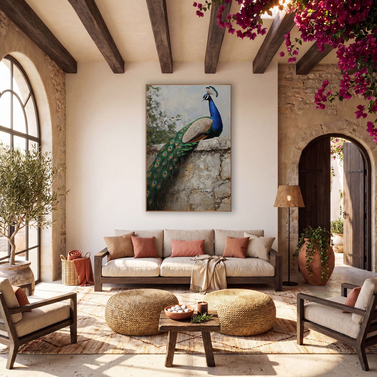 Blue Peacock Stone Wall Boho wall art in a warm boho-style room – blue peacock with long green tail resting