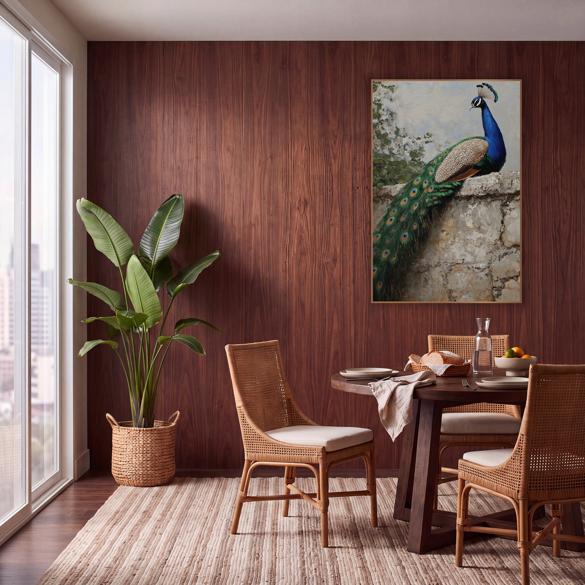 Blue Peacock Stone Wall Boho wall art in a warm boho-style room – blue peacock with long green tail resting