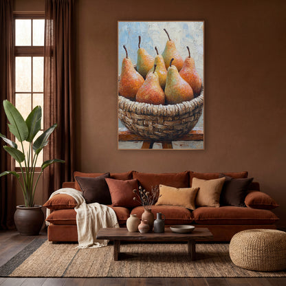 Rustic Pear Basket Boho wall art in a warm boho-style room – six ripe orange and green pears in a woven basket