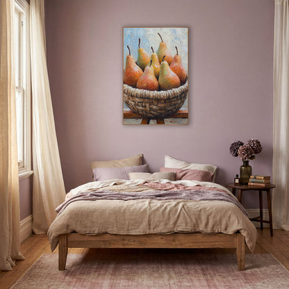 Rustic Pear Basket Boho wall art in a warm boho-style room – six ripe orange and green pears in a woven basket