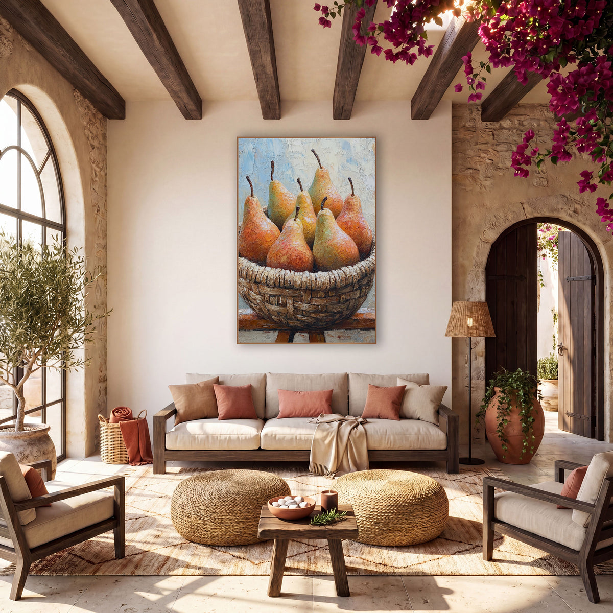 Rustic Pear Basket Boho wall art in a warm boho-style room – six ripe orange and green pears in a woven basket