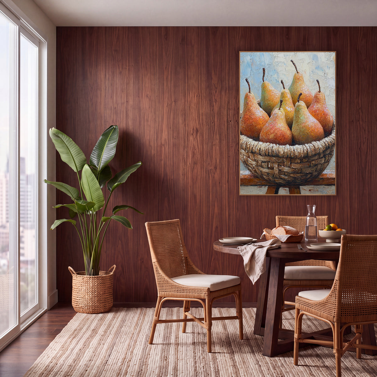 Rustic Pear Basket Boho wall art in a warm boho-style room – six ripe orange and green pears in a woven basket